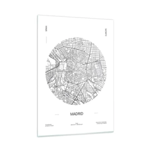 Impression sur verre - Image sur verre - Une carte minimaliste en noir et blanc de Madrid sous forme circulaire. - 50x70cm - Anatomie de Madrid - Décoration murale moderne pour le salon et la chambre ARTTOR