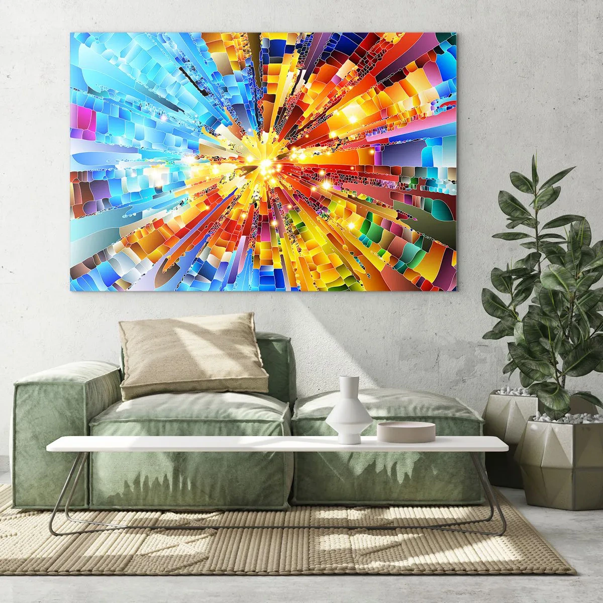 Impression sur verre - Image sur verre - Une explosion abstraite de couleurs dans une composition géométrique dynamique. - 100x70cm - In medias res - Décoration murale moderne pour le salon et la chambre ARTTOR