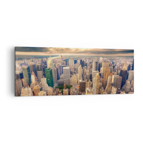 Impression sur toile - Image sur toile - Panorama de la ville avec vue sur les gratte-ciels au coucher du soleil - 140x50cm - Métropole dorée - Décoration murale moderne pour le salon et la chambre ARTTOR