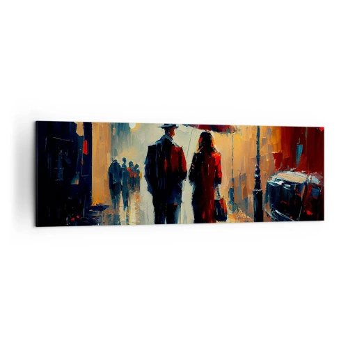 Impression sur toile - Image sur toile - Marcher sous la pluie sous un parapluie en ville la nuit - 160x50cm - Histoire d'amour urbaine - Décoration murale moderne pour le salon et la chambre ARTTOR