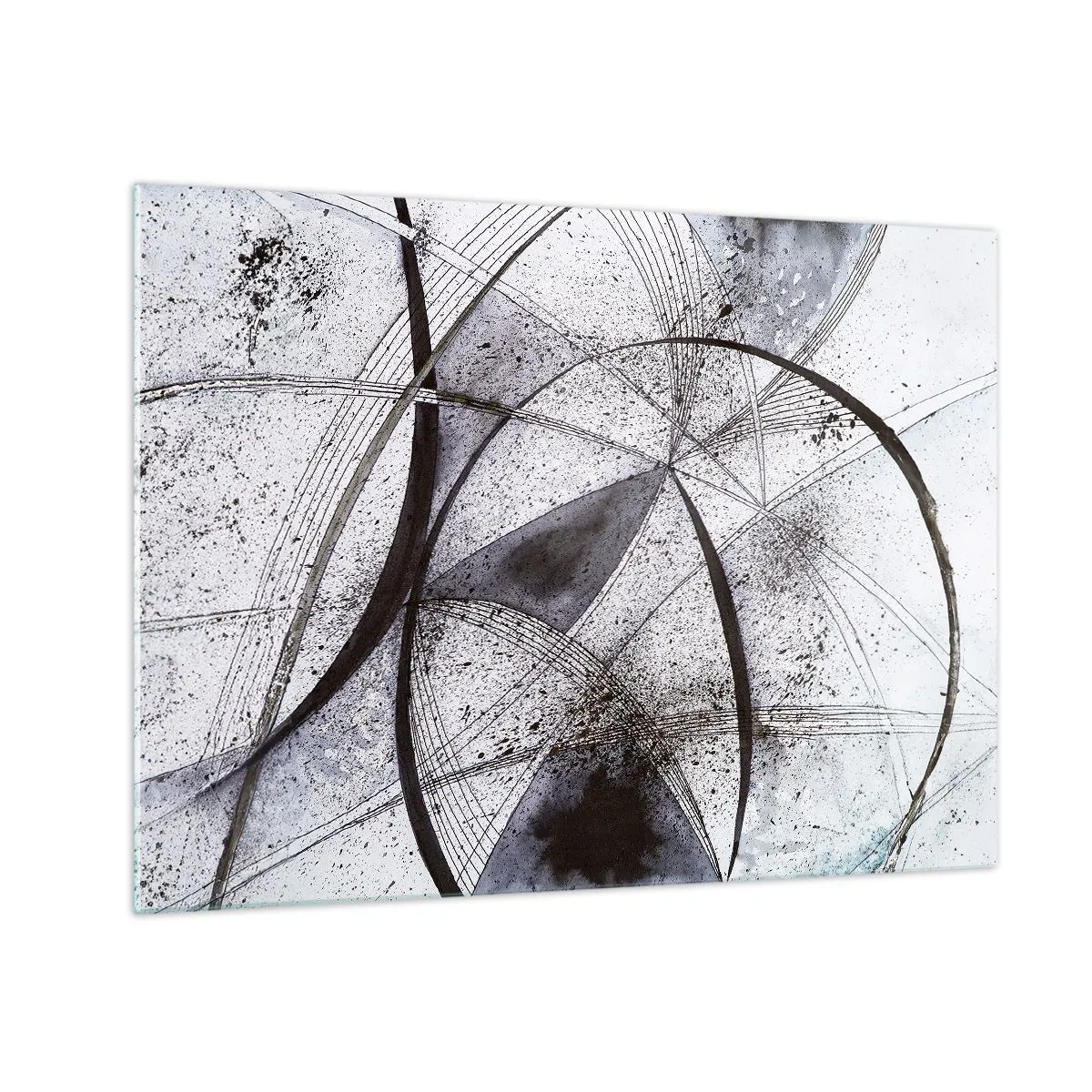 Impression sur verre - Image sur verre - Une composition en noir et blanc de lignes entrecroisées et d'arcs géométriques. - 70x50cm - Fantaisie futuriste - Décoration murale moderne pour le salon et la chambre ARTTOR