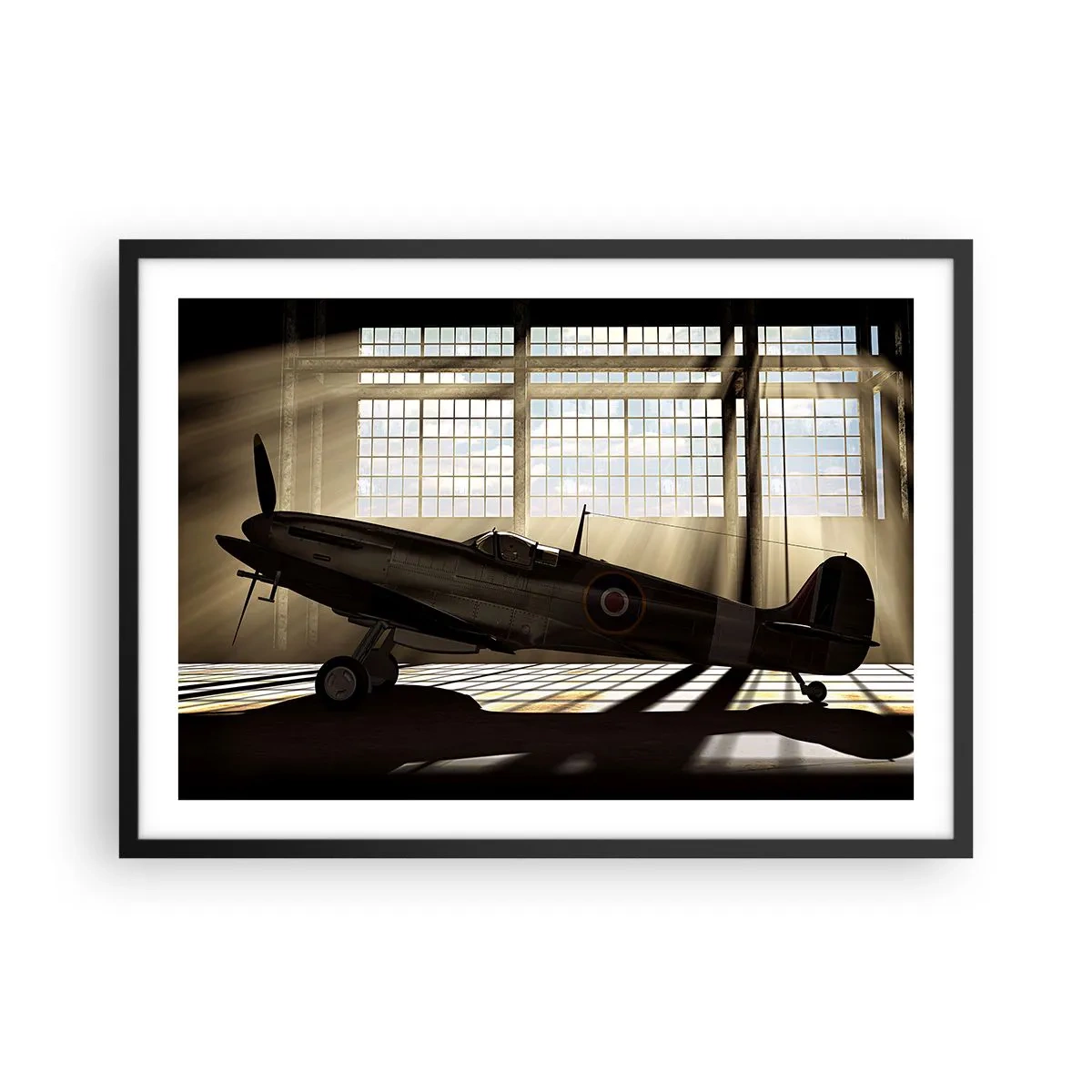 Affiche dans un cadre noir - Poster - Un avion historique dans un hangar éclairé par la lumière du soleil - 70x50cm - Le repos du guerrier - Décoration murale moderne pour le salon et la chambre ARTTOR