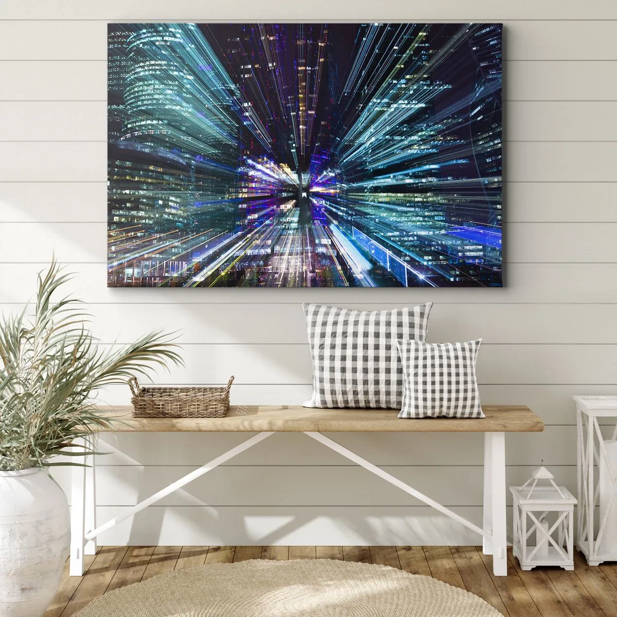 Impression sur toile - Image sur toile - Vue dynamique de la ville la nuit avec un effet de lumière - 70x50cm - Transition vers l'hyperespace - Décoration murale moderne pour le salon et la chambre ARTTOR