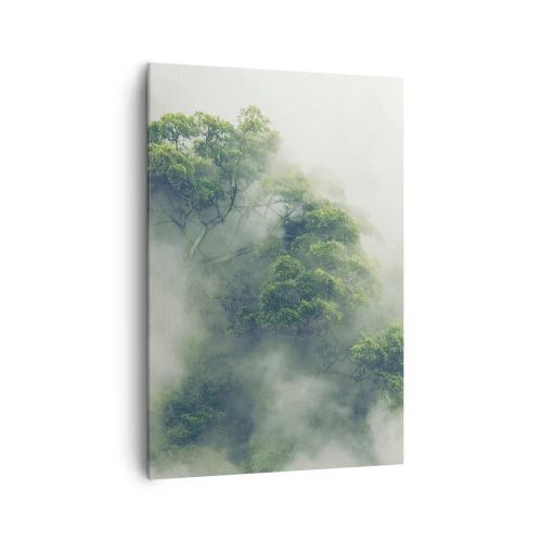 Impression sur toile - Image sur toile - Arbres verts dans un épais brouillard sur fond naturel - 70x100cm - Enveloppé de brouillard - Décoration murale moderne pour le salon et la chambre ARTTOR