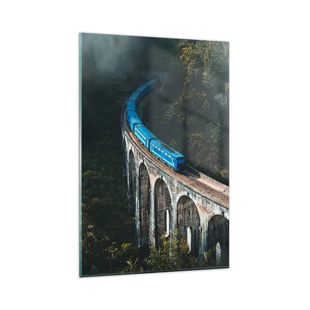 Impression sur verre - Image sur verre - Un train bleu sur un viaduc historique au milieu des forêts - 80x120cm - Train nature - Décoration murale moderne pour le salon et la chambre ARTTOR