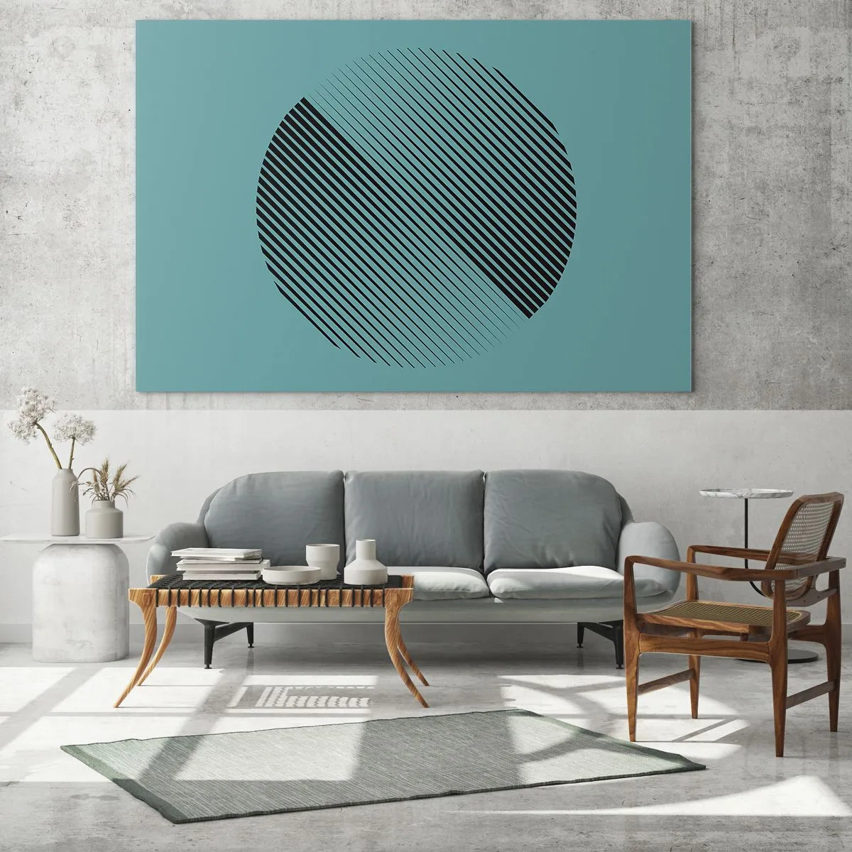 Impression sur verre - Image sur verre - Lignes noires formant un cercle sur fond turquoise - 70x50cm - Cercle – une variation géométrique - Décoration murale moderne pour le salon et la chambre ARTTOR