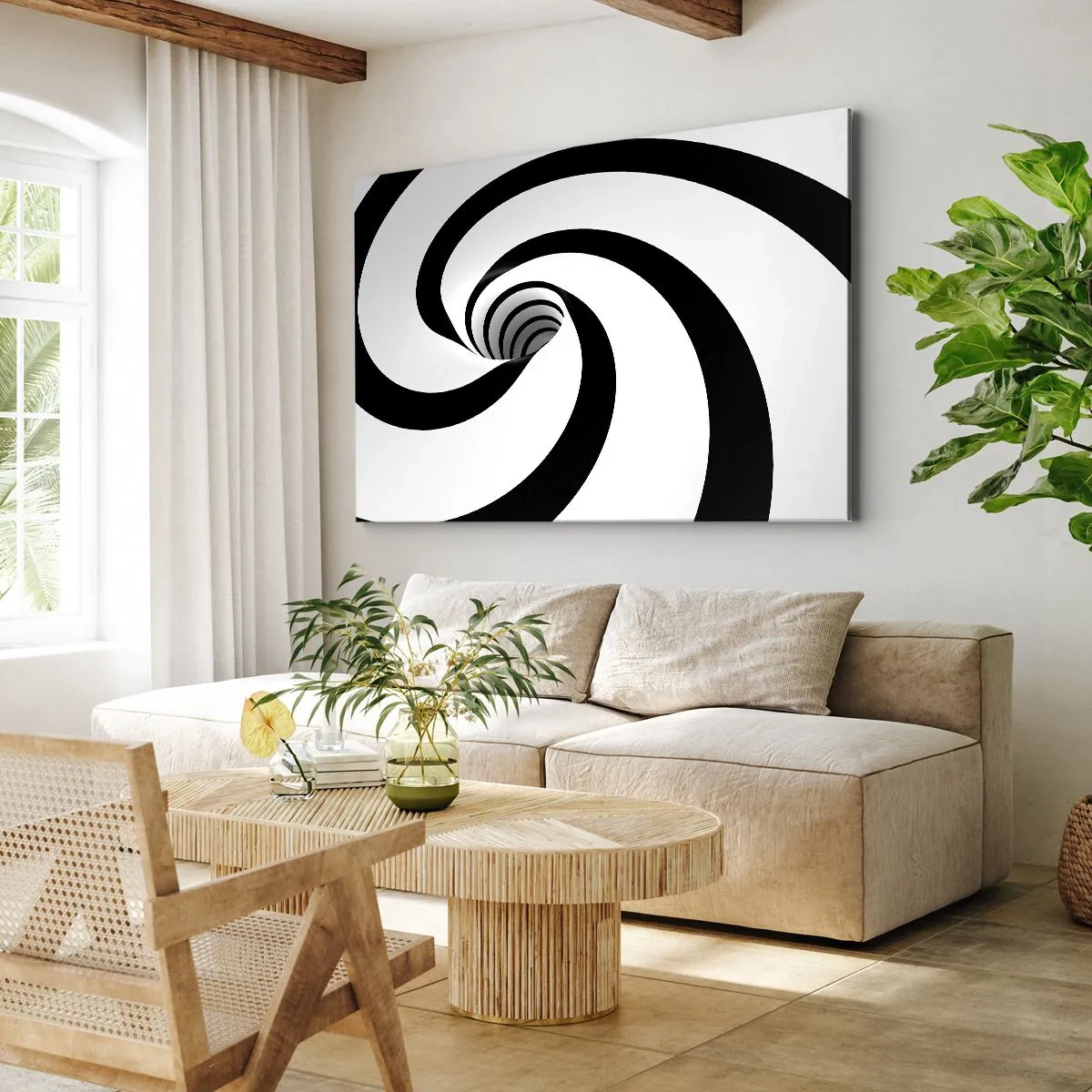 Impression sur toile - Image sur toile - Spirale abstraite noire et blanche avec un effet tourbillonnant - 70x50cm - Céder au vortex ? - Décoration murale moderne pour le salon et la chambre ARTTOR