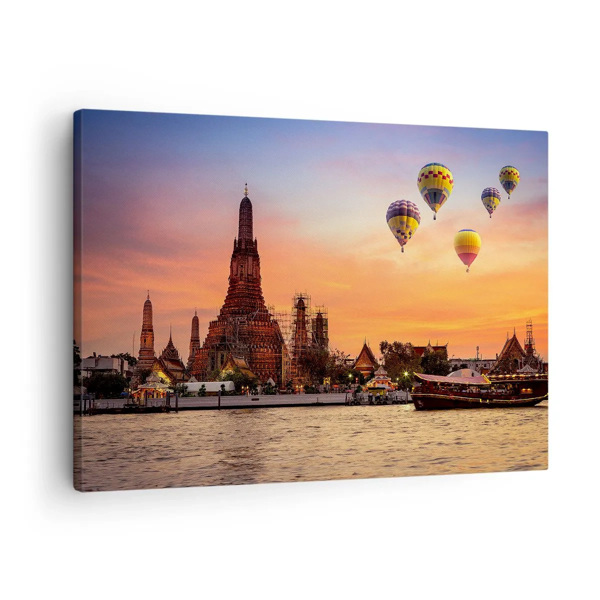 Impression sur toile - Image sur toile - Un temple et des ballons sur fond de soleil couchant sur la rivière - 70x50cm - C'est ici que naissent les contes de fées - Décoration murale moderne pour le salon et la chambre ARTTOR