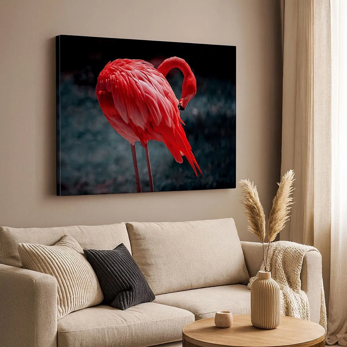Impression sur toile - Image sur toile - Un flamant rose sur fond vert foncé - 70x50cm - Poème cramoisi de la nature - Décoration murale moderne pour le salon et la chambre ARTTOR