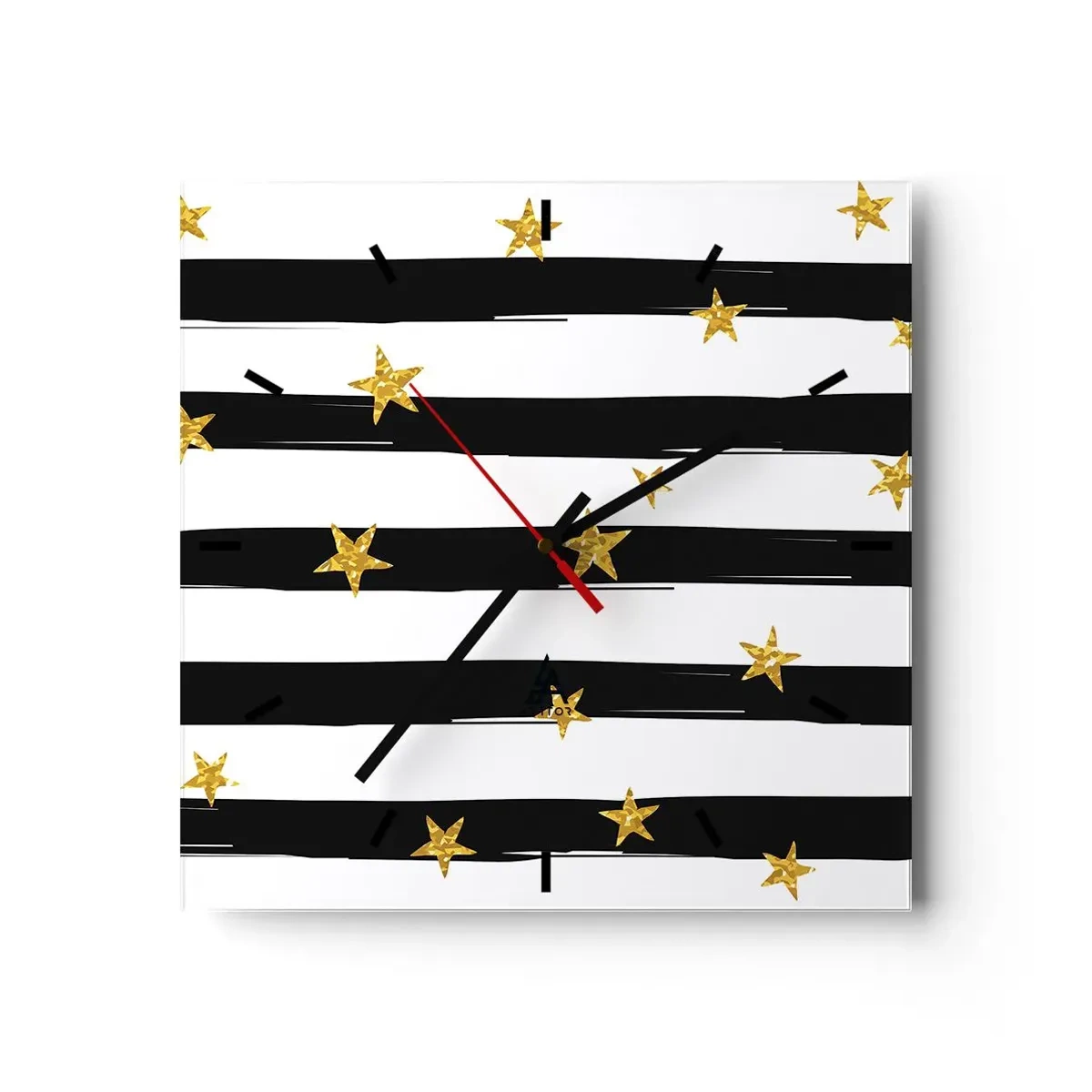 Horloge murale - Pendule murale - Rayures noires et blanches avec étoiles dorées - 30x30cm - Nous sommes tous nés sous une bonne étoile - Décoration murale moderne pour le salon et la chambre ARTTOR