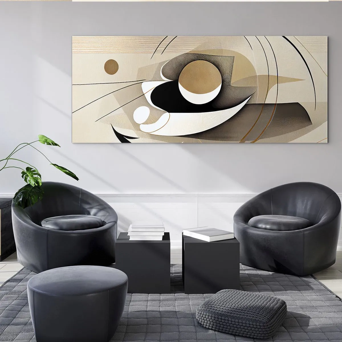 Impression sur verre - Image sur verre - Composition abstraite dans les tons beige et noir - 120x50cm - Composition : l'essence des choses - Décoration murale moderne pour le salon et la chambre ARTTOR