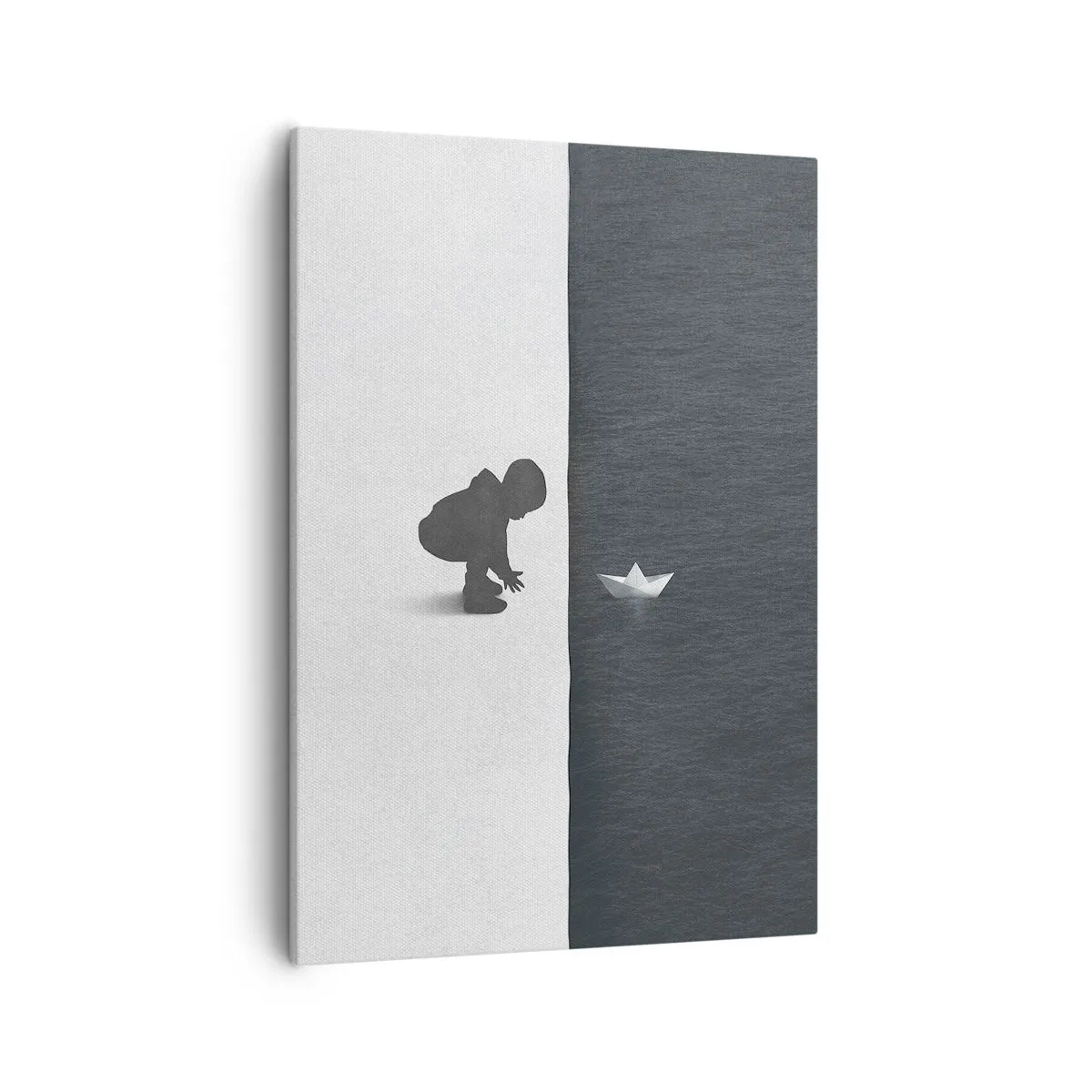 Impression sur toile - Image sur toile - Une figure d'enfant avec un bateau en papier sur un fond de moitiés contrastées - 50x70cm - Grande expédition - Décoration murale moderne pour le salon et la chambre ARTTOR