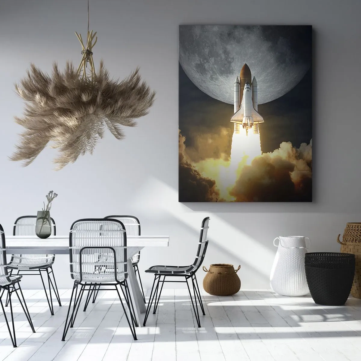 Impression sur toile - Image sur toile - Une fusée décollant sur fond de pleine lune entourée de nuages dynamiques. - 50x70cm - Le début d'une aventure surnaturelle - Décoration murale moderne pour le salon et la chambre ARTTOR