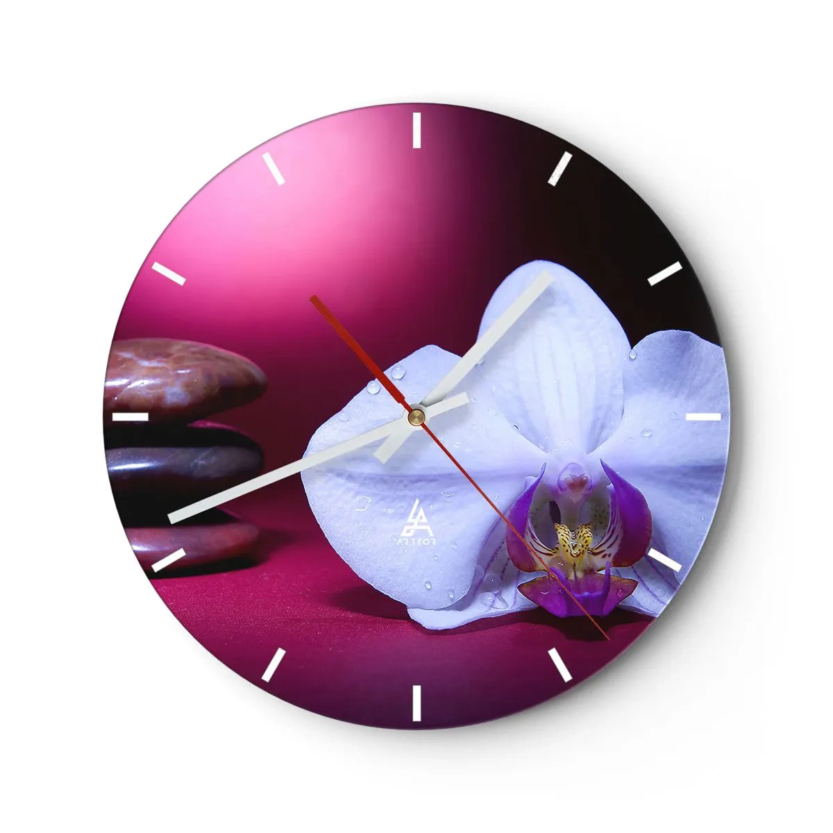 Horloge murale - Pendule murale - Une orchidée blanche sur un fond de pierres et de violet - 30x30cm - Une étude de fraîcheur en violet - Décoration murale moderne pour le salon, la cuisine et la chambre ARTTOR