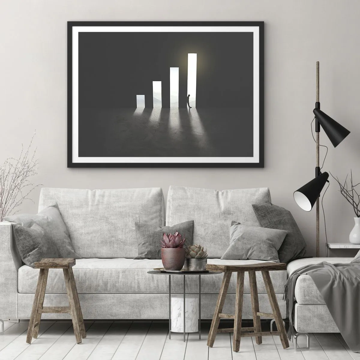 Affiche dans un cadre noir - Poster - Croissance symbolique sous forme de passages éclairés par la lumière - 70x50cm - Succès – impression - Décoration murale moderne pour le salon et la chambre ARTTOR