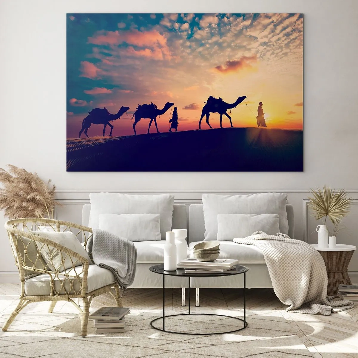 Impression sur verre - Image sur verre - Caravane de chameaux dans le désert au coucher du soleil - 120x80cm - L'esprit mystérieux de l'Orient - Décoration murale moderne pour le salon et la chambre ARTTOR
