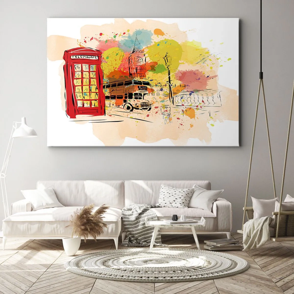 Impression sur toile - Image sur toile - Thème londonien avec bus rouge et stand - 120x80cm - La ville de la variété - Décoration murale moderne pour le salon et la chambre ARTTOR