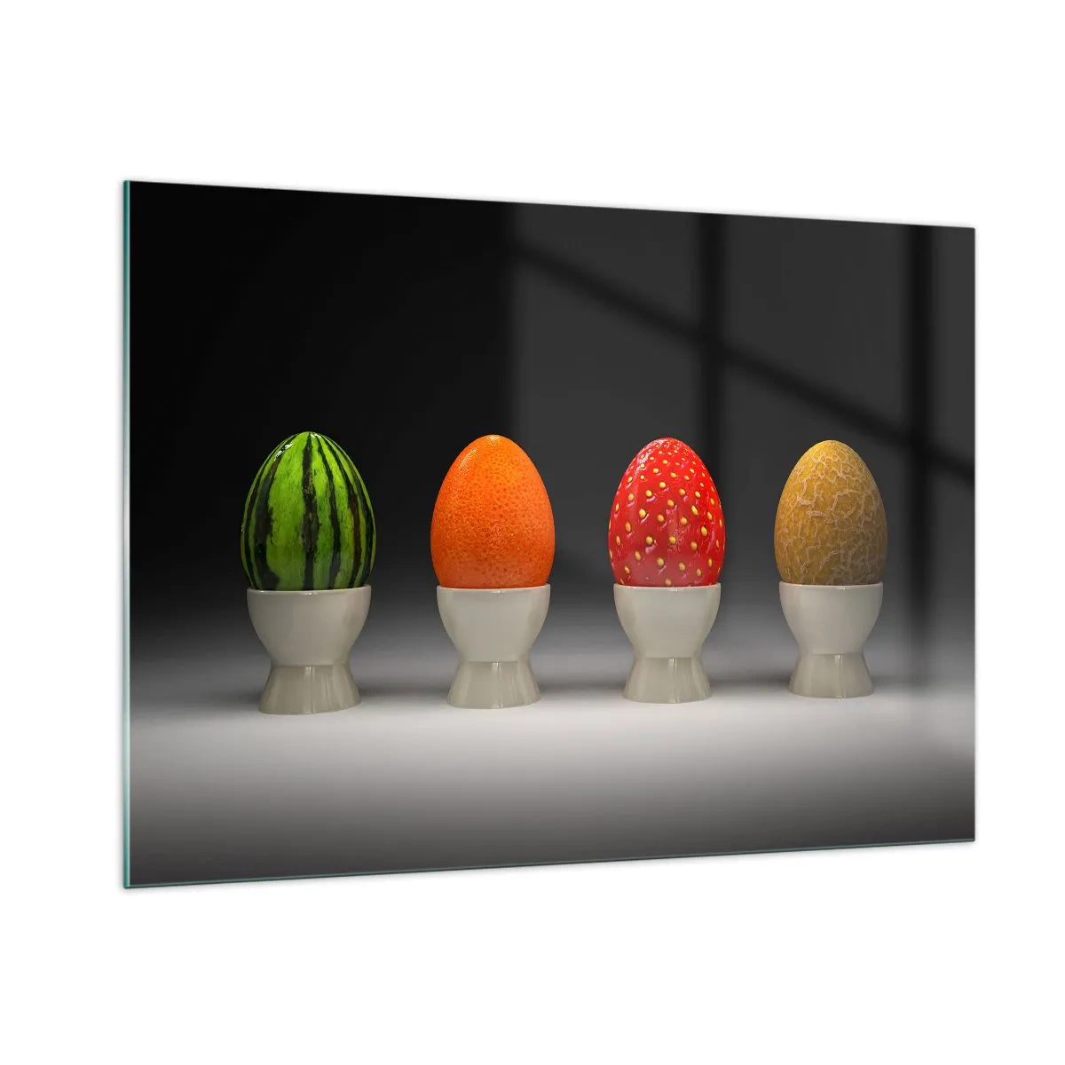 Impression sur verre - Image sur verre - Œufs dans des coquilles de fruits sur un support - 100x70cm - Petit-déjeuner fruité - Décoration murale moderne pour le salon et la chambre ARTTOR