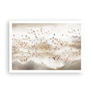 Affiche - Poster - Oiseaux dorés contre les montagnes brumeuses - 100x70cm - Il est l'heure… - Décoration murale moderne pour le salon et la chambre ARTTOR