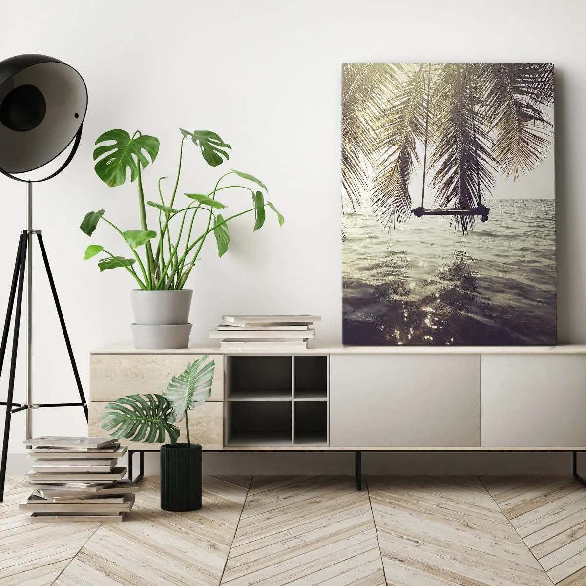 Impression sur toile - Image sur toile - Palmier avec une balançoire au-dessus de l'eau au soleil - 80x120cm - Vous pouvez vous balancer dans les nuages