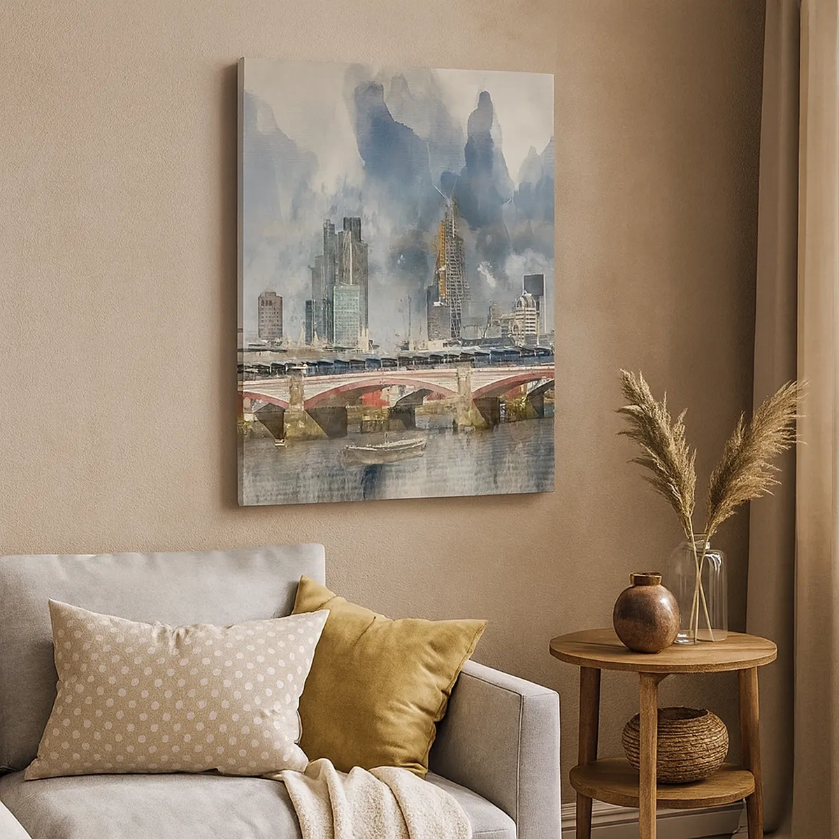 Impression sur toile - Image sur toile - Vue à l'aquarelle du pont et des toits de la ville - 50x70cm - Londres dans toute sa splendeur - Décoration murale moderne pour le salon et la chambre ARTTOR