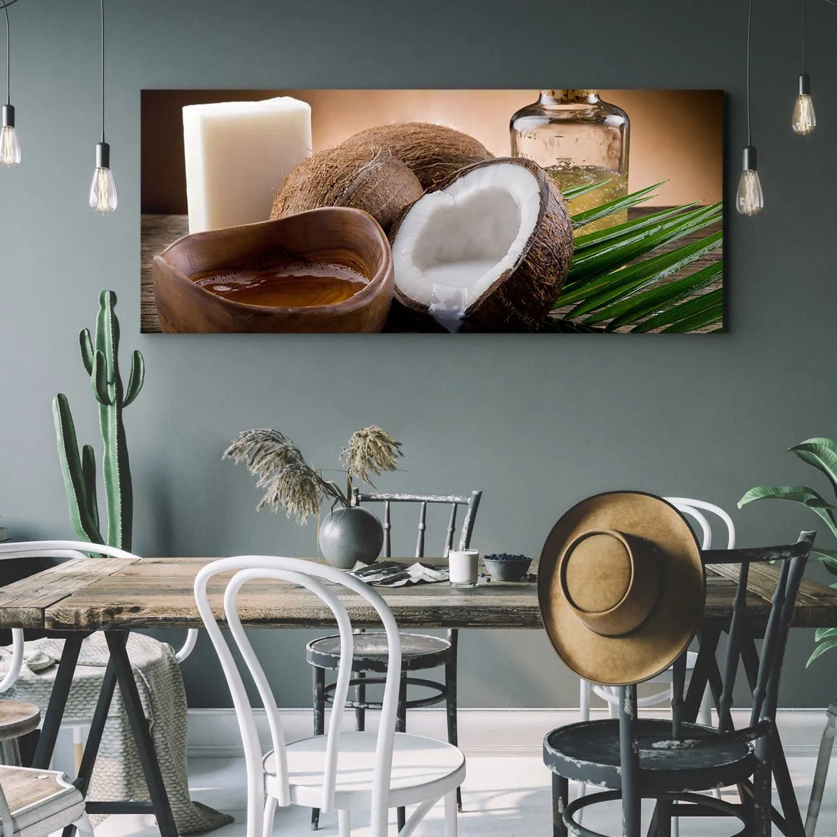 Impression sur toile - Image sur toile - Noix de coco, bougie et huile sur fond de bois - 120x50cm - Santé des îles tropicales - Décoration murale moderne pour le salon et la chambre ARTTOR