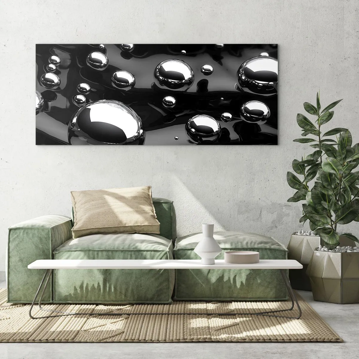Impression sur verre - Image sur verre - Gouttes abstraites sur une surface noire - 140x50cm - D'un ton noir - Décoration murale moderne pour le salon et la chambre ARTTOR