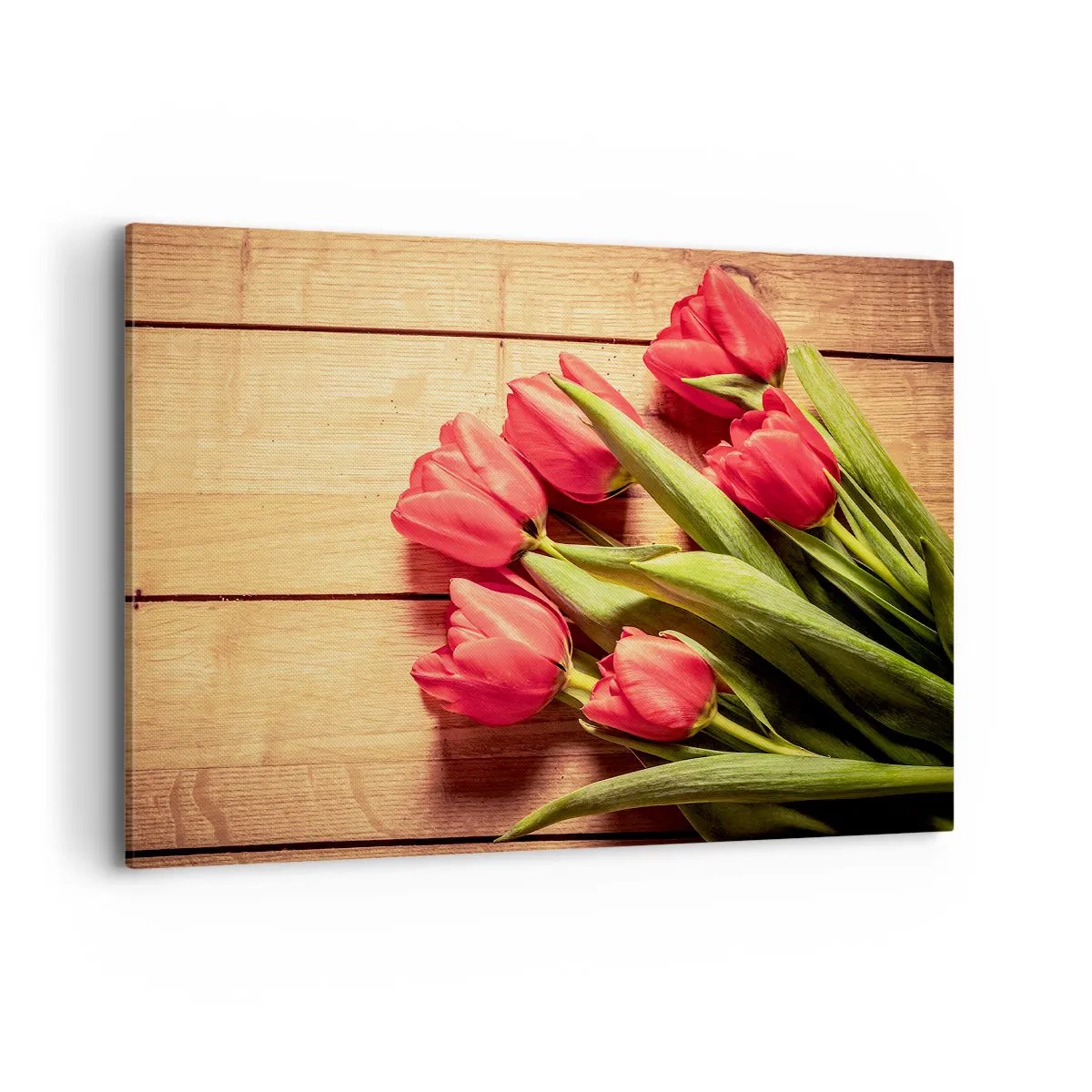Impression sur toile - Image sur toile - Un bouquet de tulipes roses sur un fond en bois - 100x70cm - Défi du printemps - Décoration murale moderne pour le salon et la chambre ARTTOR