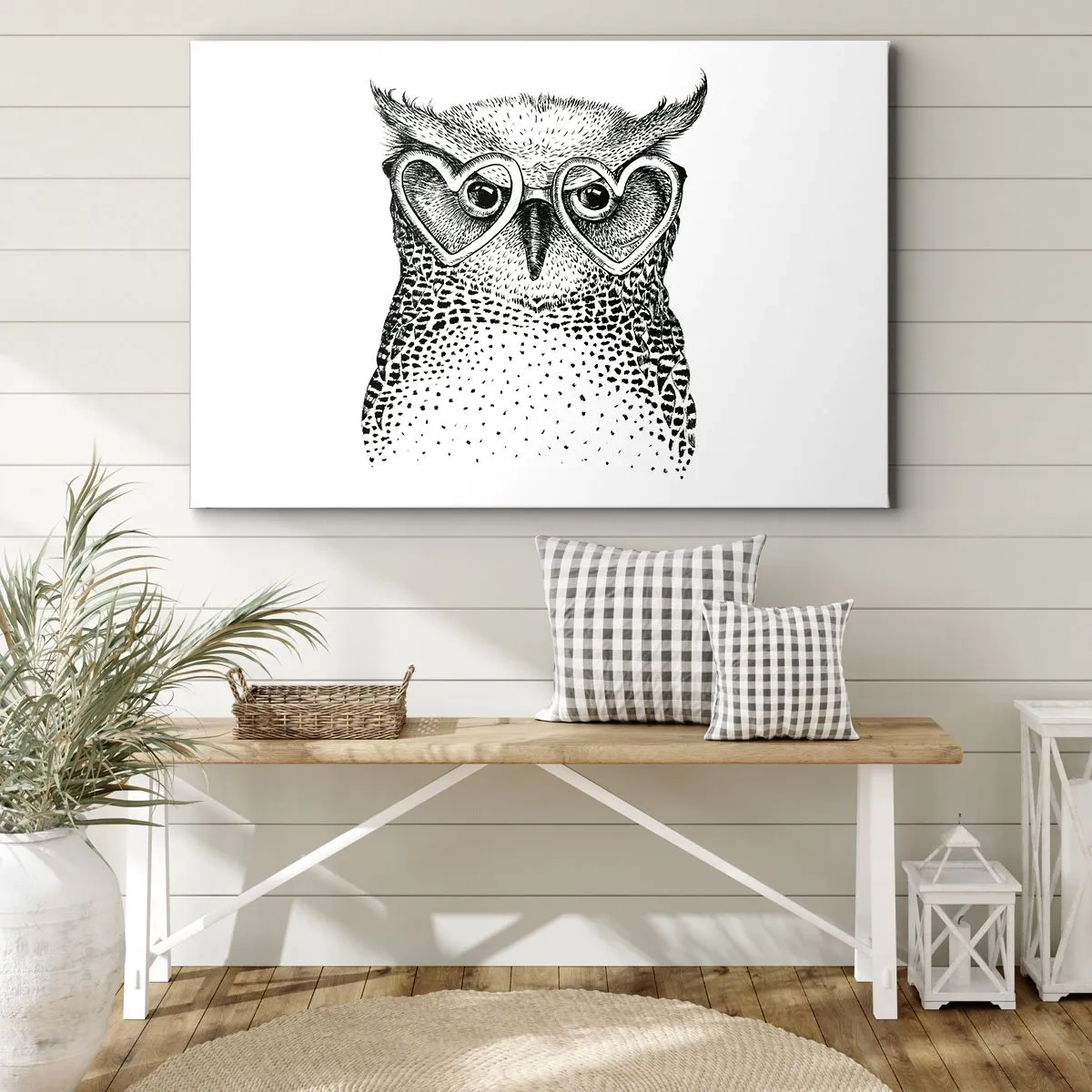 Impression sur toile - Image sur toile - Graphique élégant d'un hibou portant des lunettes en forme de cœur - 120x80cm - Sagement et avec amour - Décoration murale moderne pour le salon et la chambre ARTTOR