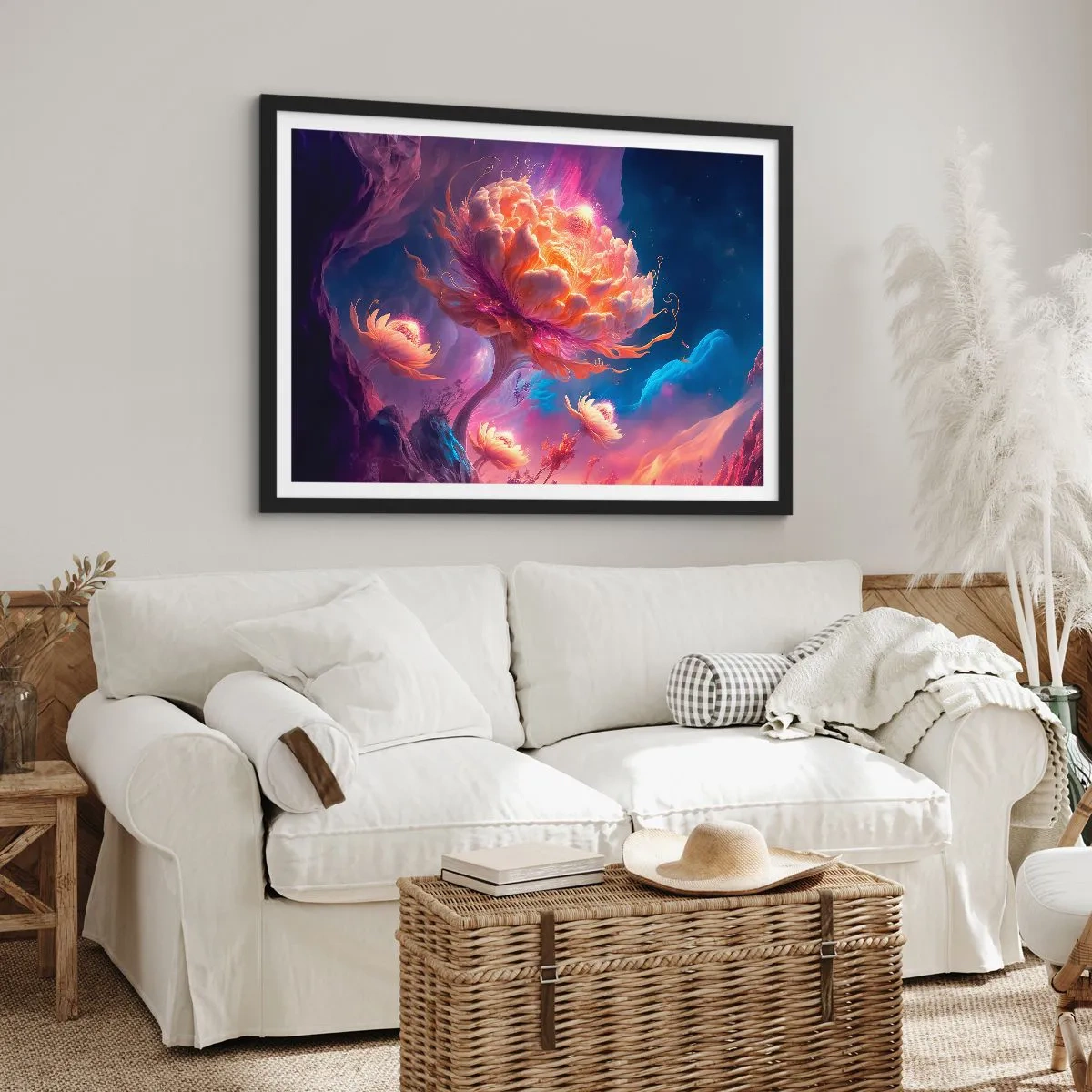 Affiche dans un cadre noir - Poster - Fleurs fantastiques dans un paysage cosmique - 70x50cm - Un autre monde - Décoration murale moderne pour le salon et la chambre ARTTOR