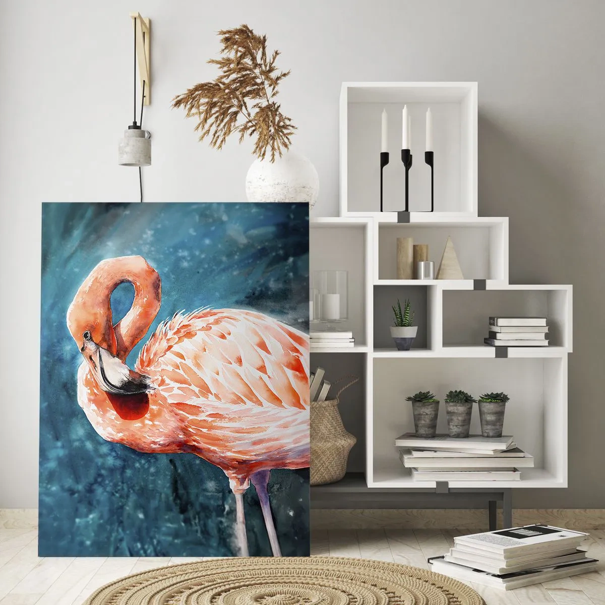 Impression sur verre - Image sur verre - Un flamant rose sur un fond aquarelle bleu - 50x70cm - Décoratif par nature - Décoration murale moderne pour le salon et la chambre ARTTOR
