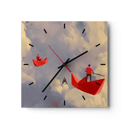 Horloge murale - Pendule murale - Bateaux en papier rouges flottant dans les nuages - 30x30cm - Expédition des Rêveurs - Décoration murale moderne pour le salon et la chambre ARTTOR