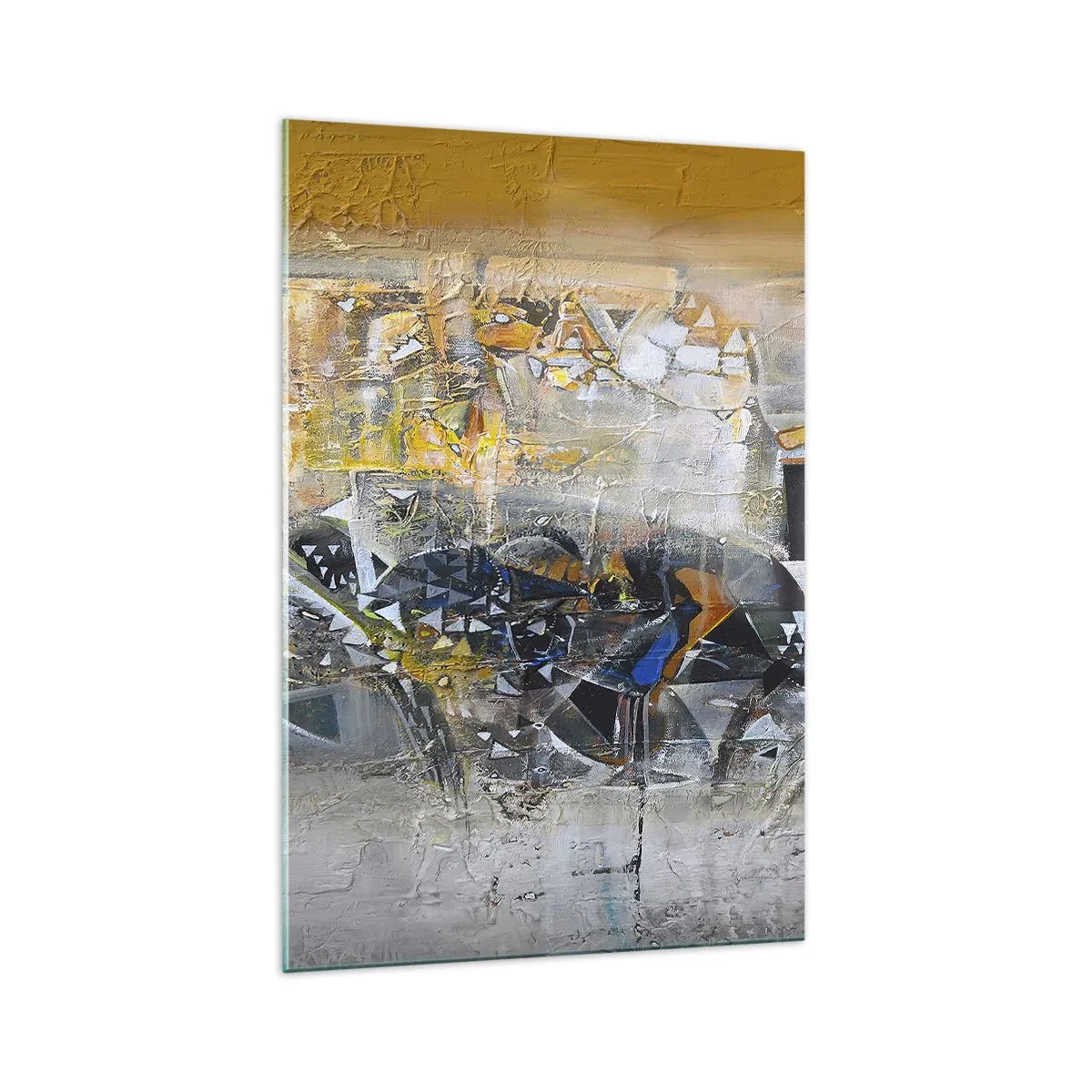 Impression sur verre - Image sur verre - Abstraction avec des nuances dominantes de jaune et de gris - 70x100cm - Tout se met en place - Décoration murale moderne pour le salon et la chambre ARTTOR