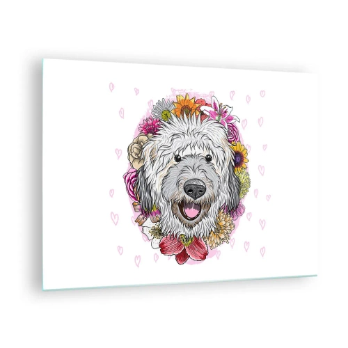 Impression sur verre - Image sur verre - Illustration d'un chien entouré de fleurs - 70x50cm - La joie du chiot - Décoration murale moderne pour le salon et la chambre ARTTOR