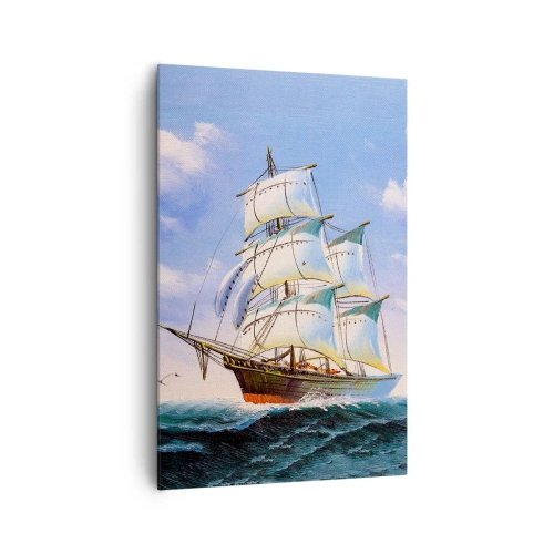 Impression sur toile - Image sur toile - Un voilier en pleine mer sous un ciel bleu - 80x120cm - Fièrement avec le vent - Décoration murale moderne pour le salon et la chambre ARTTOR