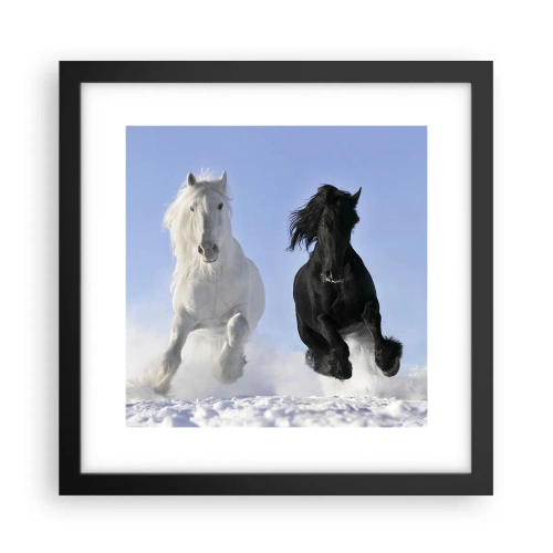 Affiche dans un cadre noir - Poster - Galop noir et blanc - 30x30 cm