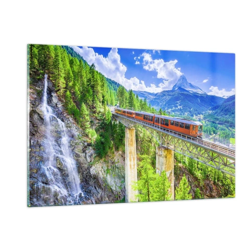 Impression sur verre - Image sur verre - Train alpin sur un pont surplombant une cascade - 120x80cm - Train dans les Alpes - Décoration murale moderne pour le salon et la chambre ARTTOR