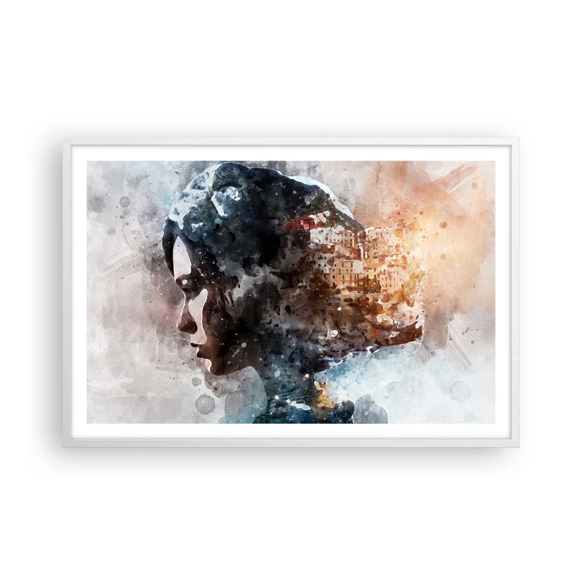 Affiche dans un cadre blanc - Poster - L'histoire d'une fille avec une ville en arrière-plan - 91x61 cm