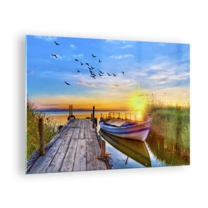 Impression sur verre - Image sur verre - Jetée en bois sur un lac avec un bateau au lever du soleil - 70x50cm - Au revoir, à demain - Décoration murale moderne pour le salon et la chambre ARTTOR