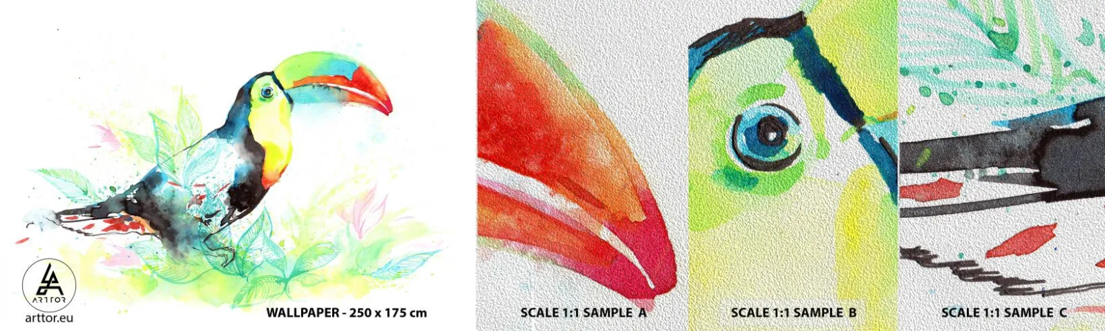 Échantillon de Papier Peint Premium Sand - Aussi coloré que l'Amérique du Sud - Oiseau, Toucan, Pour les enfants - 100x30 cm