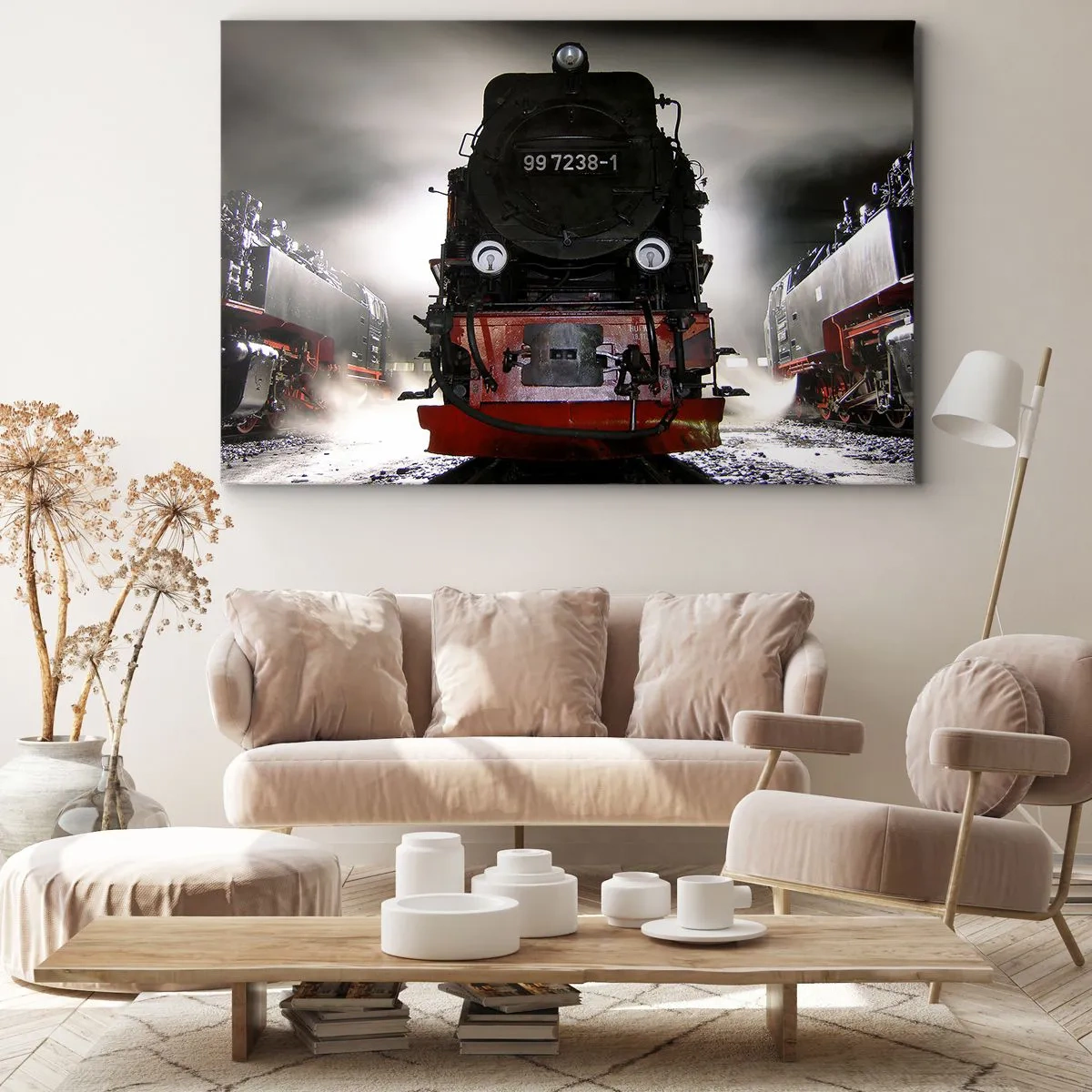Impression sur toile - Image sur toile - Une locomotive à vapeur entourée de vapeur sur un ciel sombre dans un décor atmosphérique - 100x70cm - Il se lève et siffle, halète et souffle - Décoration murale moderne pour le salon et la chambre ARTTOR