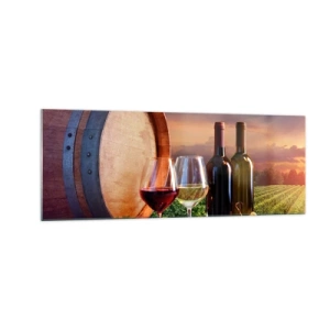 Impression sur verre - Image sur verre - Du vin, des verres et un tonneau dans un paysage pittoresque - 140x50cm - Ici la vie a du goût - Décoration murale moderne pour le salon et la chambre ARTTOR