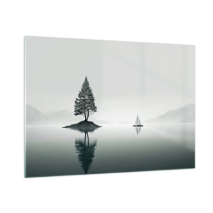 Impression sur verre - Image sur verre - Un arbre solitaire sur une île et un voilier sur un lac calme - 100x70cm - Un rêve somnolent - Décoration murale moderne pour le salon et la chambre ARTTOR