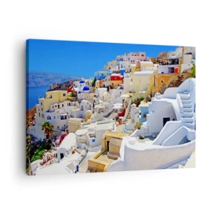 Impression sur toile - Image sur toile - Panorama de Santorin avec des maisons blanches et un ciel bleu - 70x50cm - Le rêve d'un été grec - Décoration murale moderne pour le salon et la chambre ARTTOR