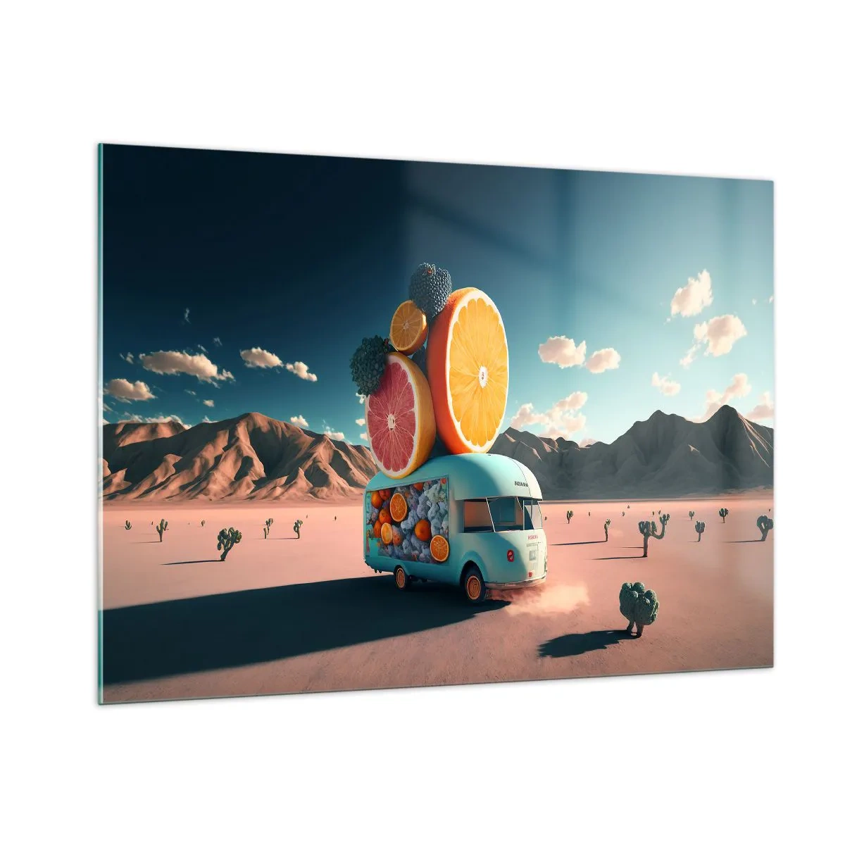 Impression sur verre - Image sur verre - Un camping-car turquoise avec des fruits sur un paysage désertique - 100x70cm - Le goût des vacances - Décoration murale moderne pour le salon et la chambre ARTTOR
