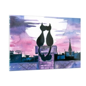 Impression sur verre - Image sur verre - Silhouettes de deux chats contre le soleil couchant - 120x80cm - Rendez-vous sous la lune - Décoration murale moderne pour le salon et la chambre ARTTOR