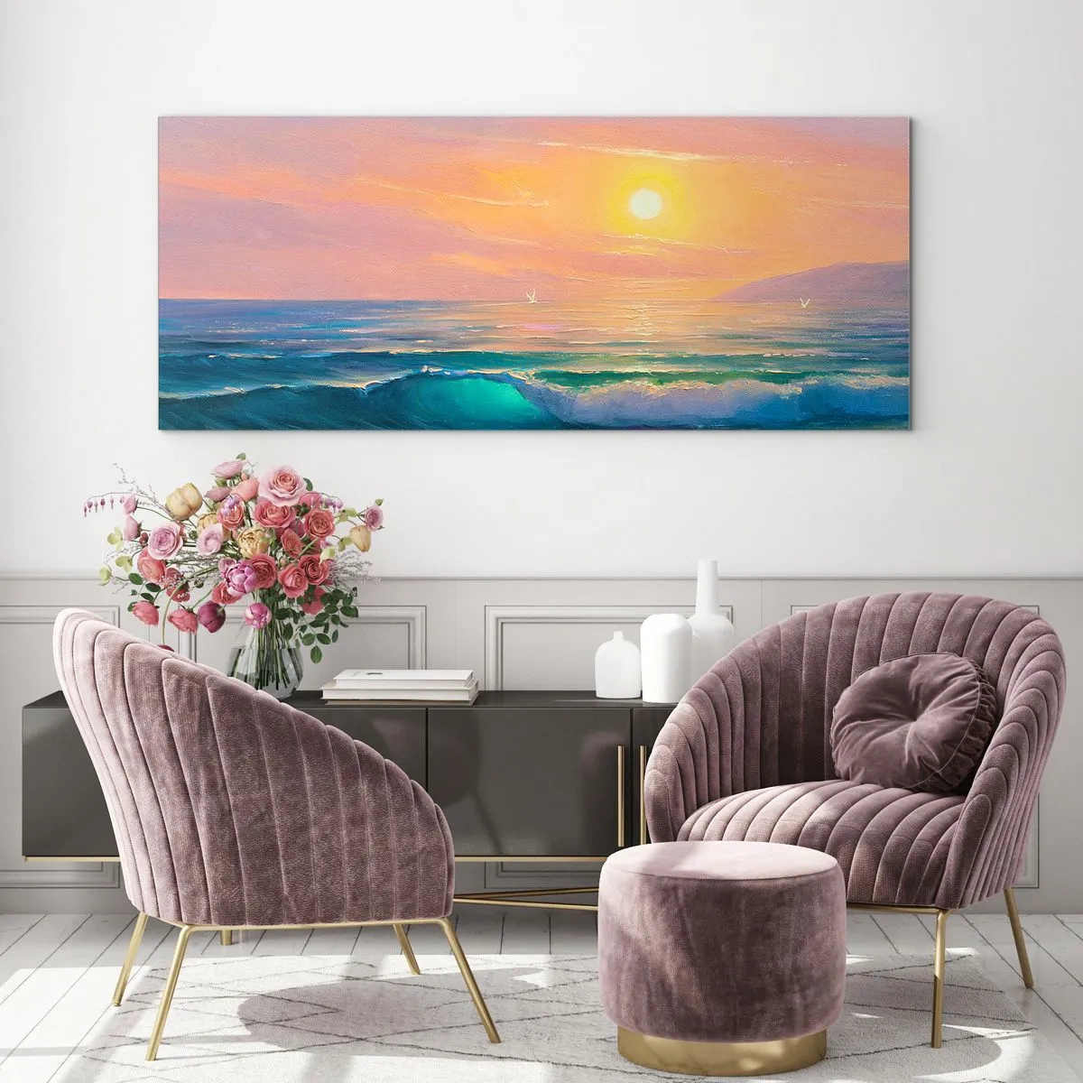 Impression sur verre - Image sur verre - Paysage marin avec coucher de soleil - 160x50cm - Le chant turquoise des vagues - Décoration murale moderne pour le salon et la chambre ARTTOR