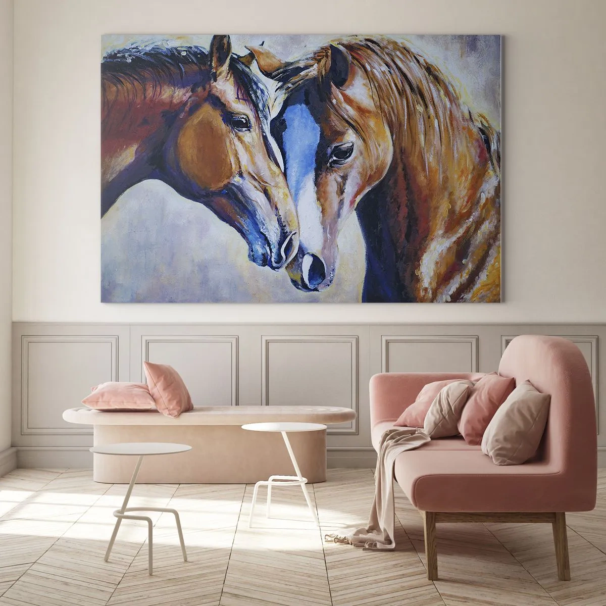 Impression sur verre - Image sur verre - Deux chevaux dans un geste tendre de proximité - 120x80cm - Est-ce de l'amitié ? Ou de l'amour ? - Décoration murale moderne pour le salon et la chambre ARTTOR
