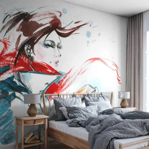 Papier Peint Photo Premium Sand - Femme élégante avec un foulard dans le vent écoutant de la musique - 100x70cm - Quelque chose se passe en moi - Décoration murale moderne pour le salon et la chambre ARTTOR