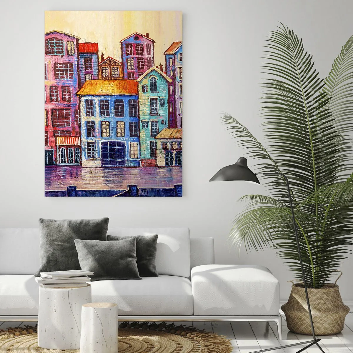 Impression sur verre - Image sur verre - Maisons colorées au bord de l'eau dans un style artistique - 80x120cm - Une ville comme dans un conte de fées - Décoration murale moderne pour le salon et la chambre ARTTOR